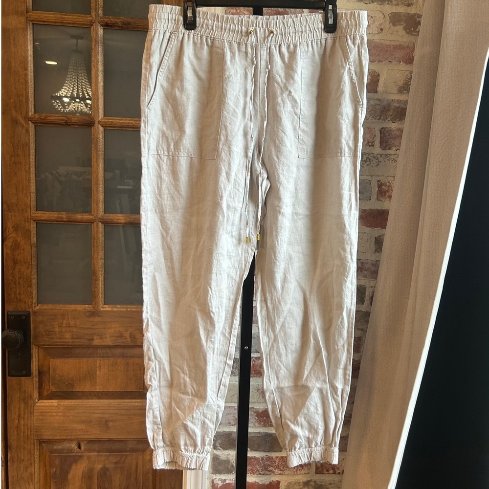 Company Ellen Tracy Tie Waist Pants Women Beige Linen Joggers Boho Minimalist M